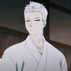 the image depicts a male anime character with white hair and a serious expression. he is wearing a white kimono and appears to be of japanese descent.