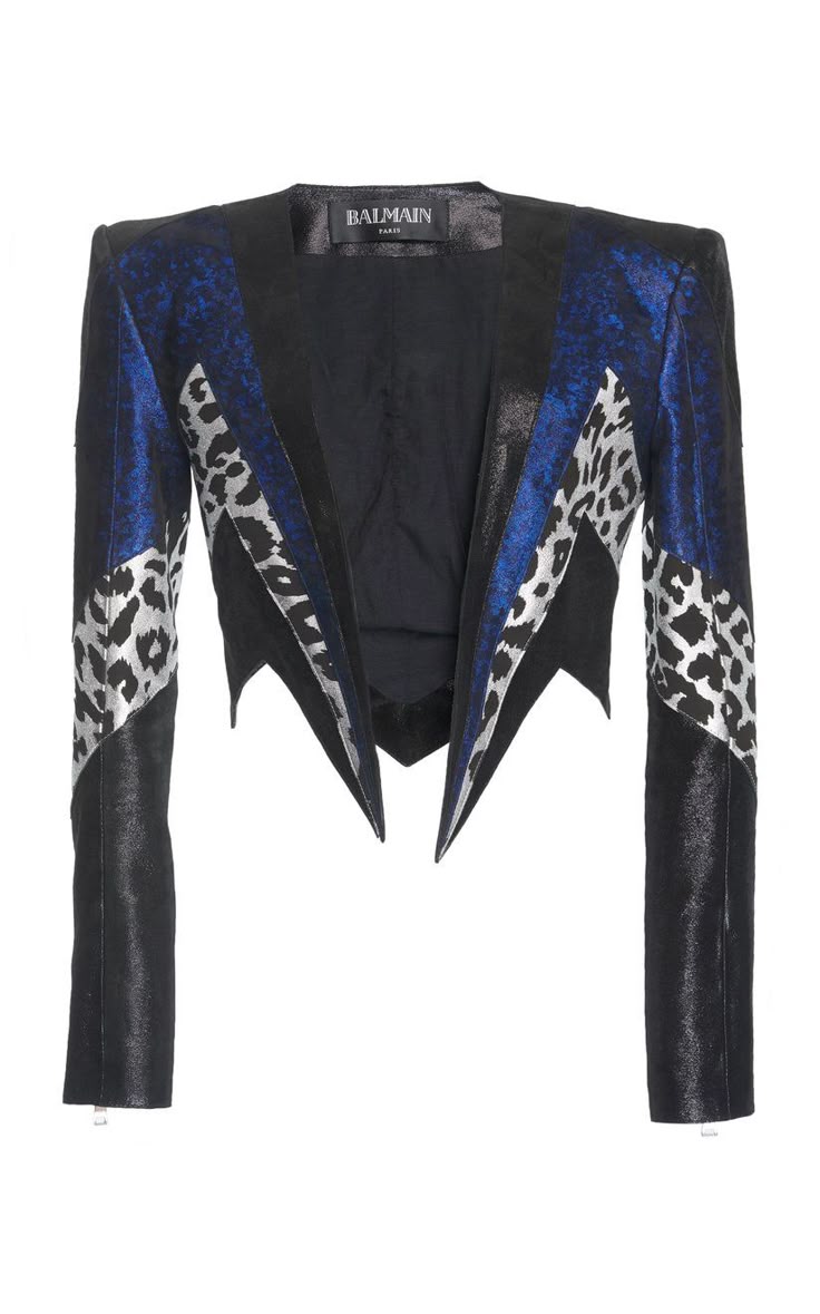 a black and blue balmain cropped blazer with an animal print design is displayed on a white background. the jacket has long sleeves, a vneck, and a pointed hem. the inside is black.