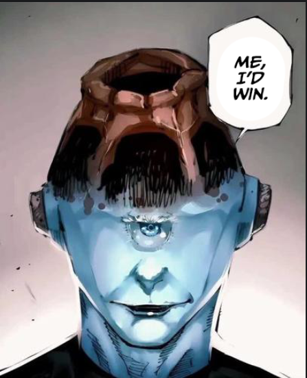 a stylized portrait, potentially from a manga or anime, showcases a blueskinned, humanoid character with an open top of the head and a single, large eye centered on their face. the opening on their head reveals a darker, textured interior.  a speech bubble above the character reads, "me, i'd win.", emphasizing their assurance and belief in their own victory. the background is a plain white, drawing focus to the character and their statement.
