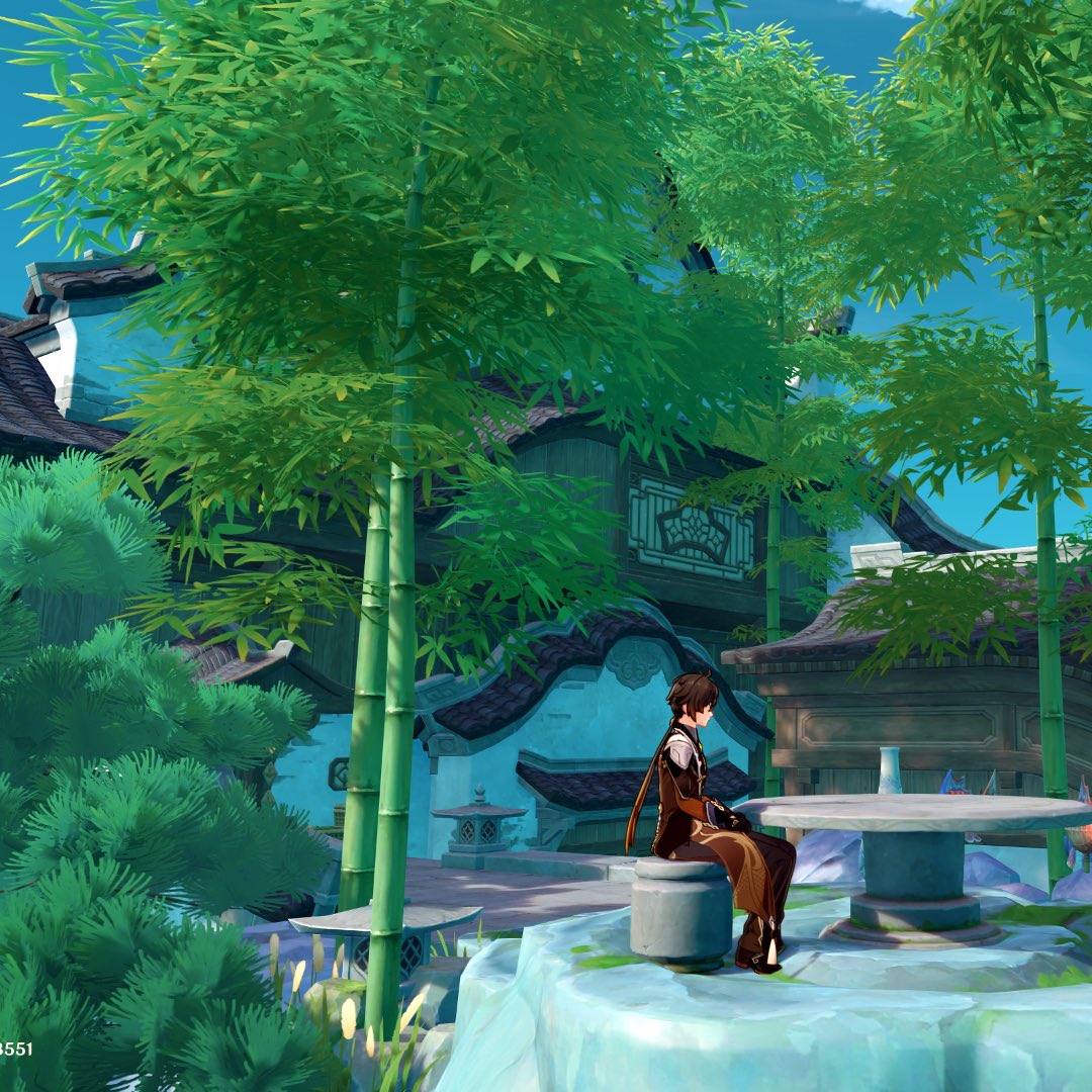 a screenshot from the video game genshin impact depicts a serene outdoor scene. a male animestyle character is seated at a stone table in a bamboo garden, with a traditional asianstyle house in the background. the overall atmosphere is tranquil and peaceful, with bright sunlight and vibrant colors. the character's attire and the architecture suggest an asianinspired setting.  the image is detailed, showcasing the textures of the bamboo, stone, and building materials.