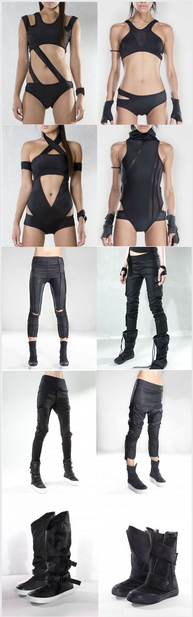 a collage of images showcasing a woman modeling different black outfits in a studio setting. the outfits consist of black leather pants, crop tops, and boots. the woman is posed in various ways, highlighting the fashion designs.