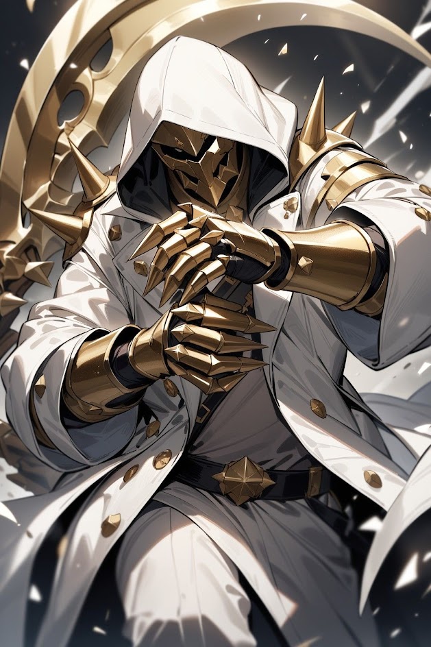 a digital illustration of an anime character, a male warrior knight wearing a white cloak, gold helmet and gauntlets. the warrior is standing with his right arm crossed over his left, with the gauntlets of both arms extended. the character is armed with a golden weapon.