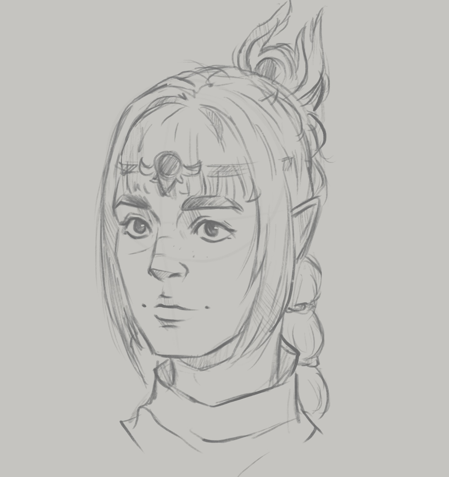 the image is a grayscale pencil sketch of a young adult female elf.  the style is loose and expressive, focusing on capturing the character's likeness rather than precise detail.  she has pointed ears, a headband with an ornate design, and her hair is styled up with a braid hanging down the side of her neck. her expression is calm and thoughtful. the background is a simple, light gray. the overall impression is one of a fantasy character design, possibly for a game or book.