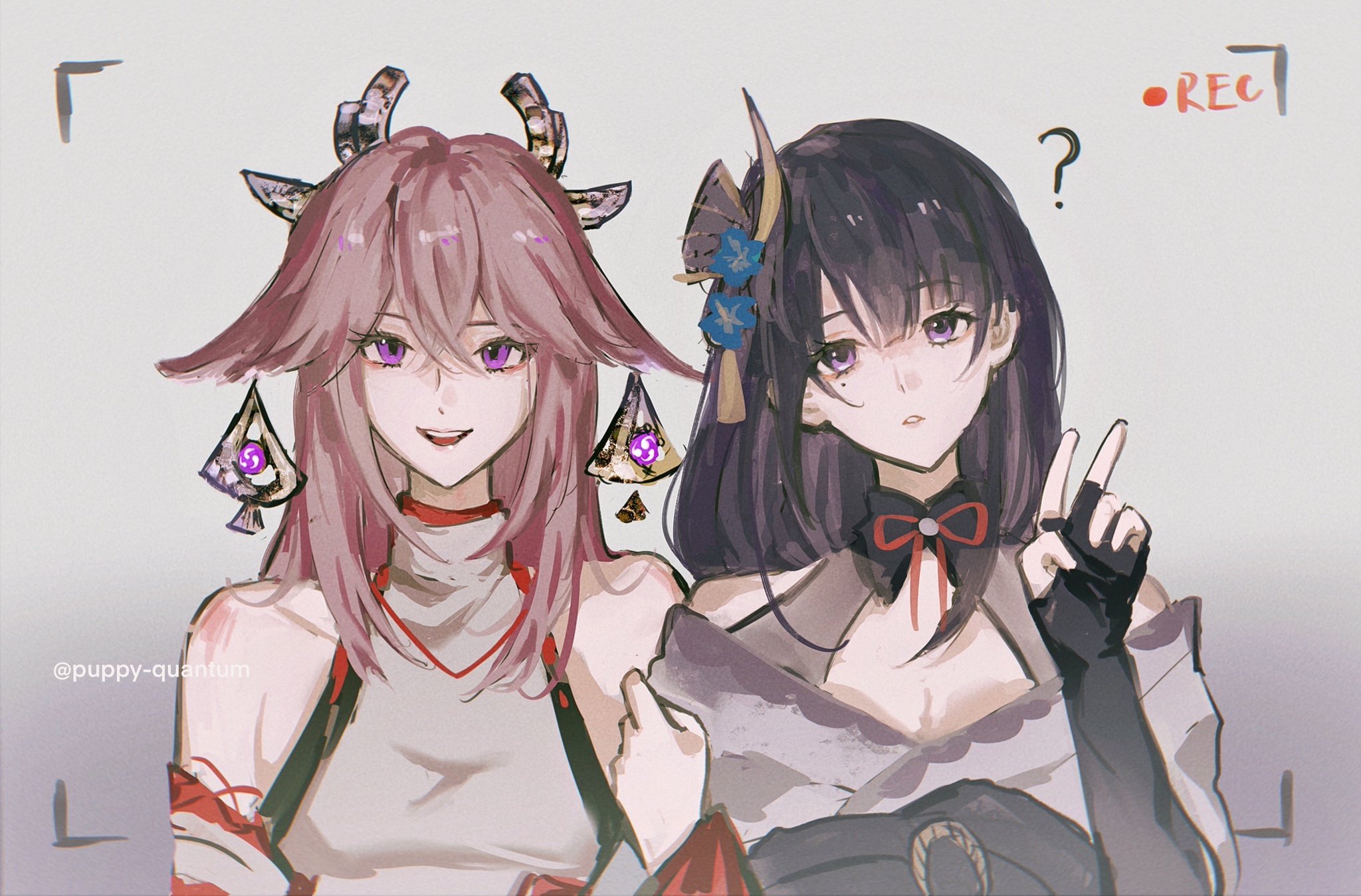 the image shows two anime girls, one with pink hair and the other with purple hair. they are both wearing white dresses and cute accessories. the pinkhaired girl is smiling and the purplehaired girl is making a peace sign. they are both looking at the camera. the background is a light gray. the image is drawn in a cute, cartoony style.