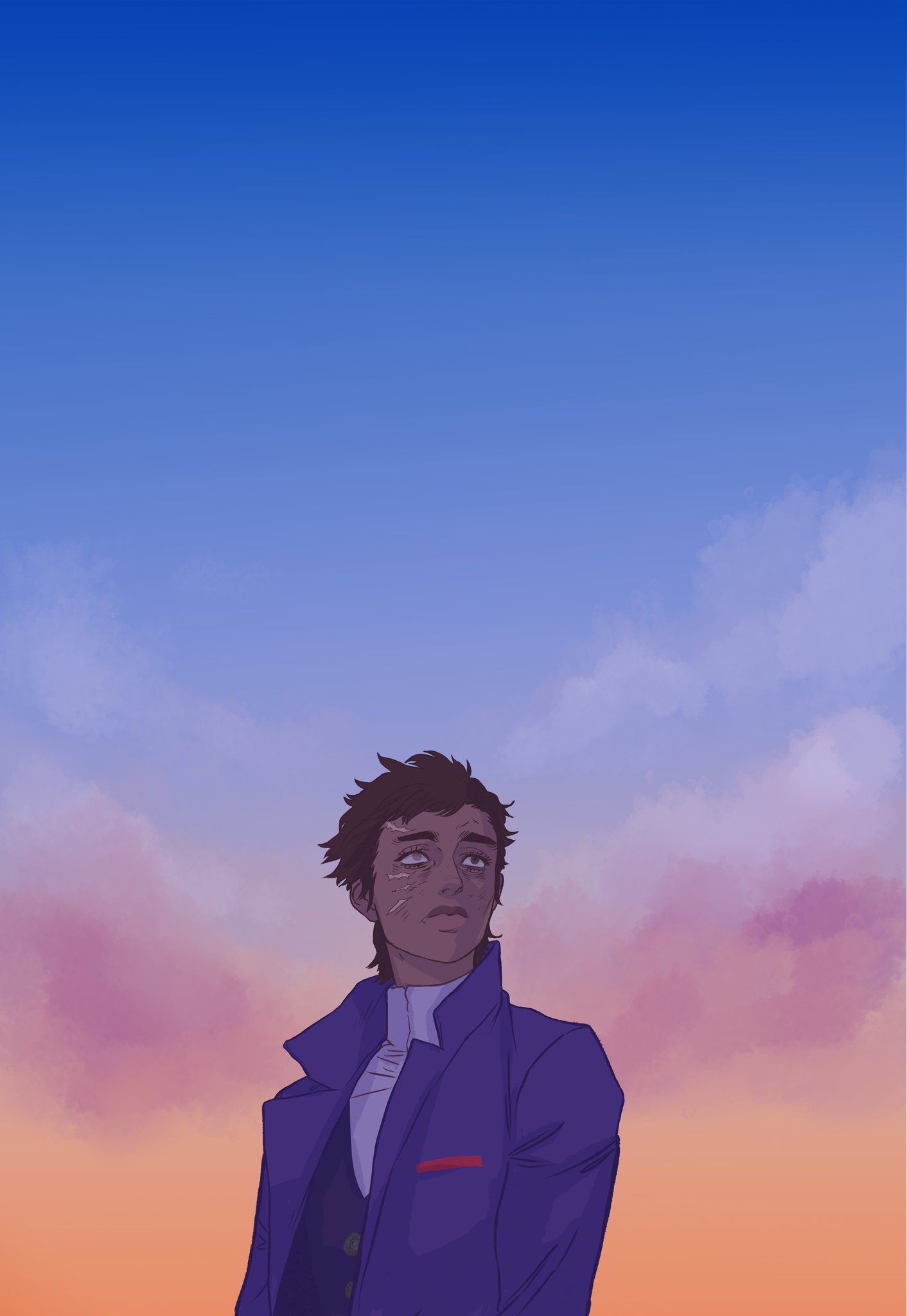 an illustration shows a man from the chest up, looking to his right and up. he has brown skin, short, messy dark brown hair, and scars on his face. he is wearing a white shirt, a dark vest, and a dark jacket. the background is a sky with a gradient of orange at the bottom, pink in the middle, and blue at the top. there are some clouds visible.