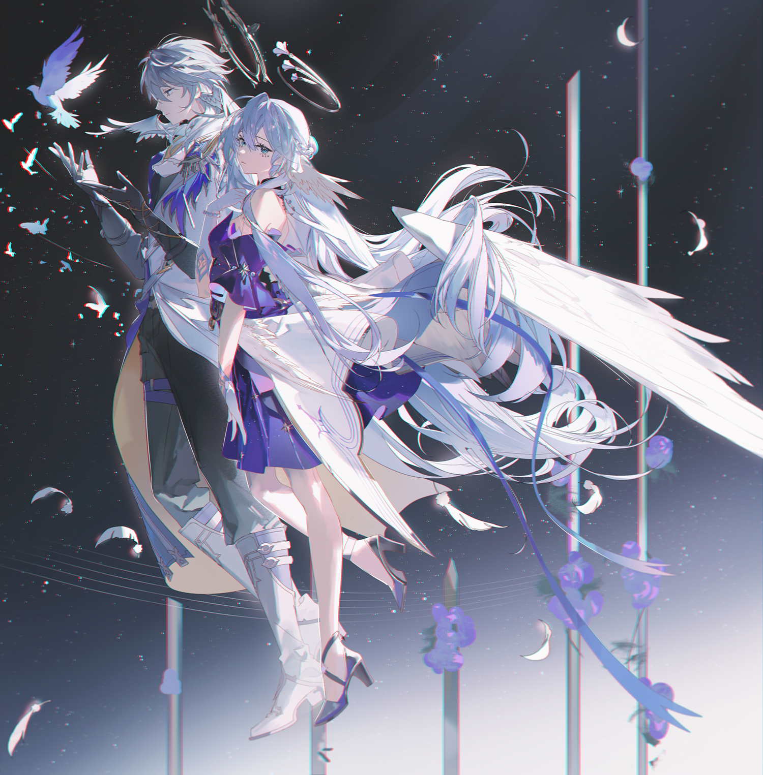 the image shows two anime characters, an angel couple, floating in a celestial scene. the male character has white hair and wears a suitlike outfit. the female character also has white hair and wears a purple dress with white accents. she also has large white wings. they are surrounded by birds, floating petals, and a halolike structure above their heads. the background is a starry night with vertical light beams and crescent moons, creating a fantasy atmosphere.
