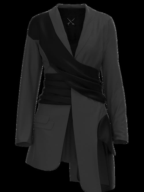 the image shows a gray and black longsleeved blazer. the jacket has a wrapstyle closure with a wide black sash wrapping around the torso. there is a dark gray area in the middle with two crossing details. the jacket has a slightly asymmetrical hemline with a pocket on the side. the background is black.