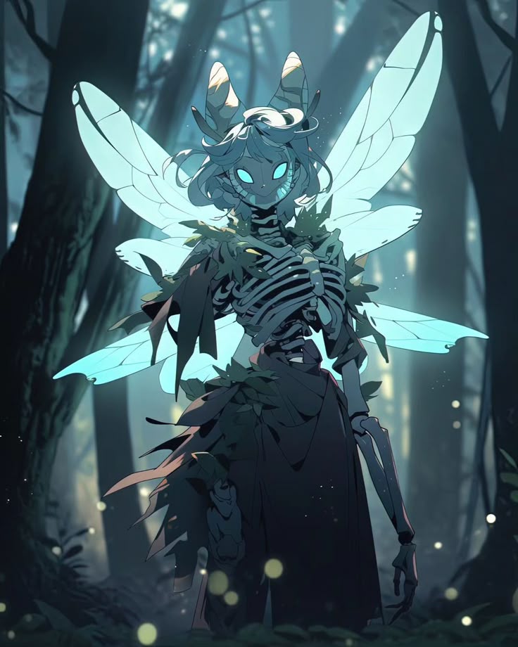 a digital art illustration depicts a skeletal fairy standing in a dark forest. the fairy has skeletal arms, ribs, and legs, and is adorned with leaves around the neck and shoulders. it has four large, translucent blue wings. the fairy also has a face with glowing blue eyes and short, blue hair. the background consists of dark trees, and the overall atmosphere is eerie and fantastical. there are small, glowing orbs scattered on the ground.