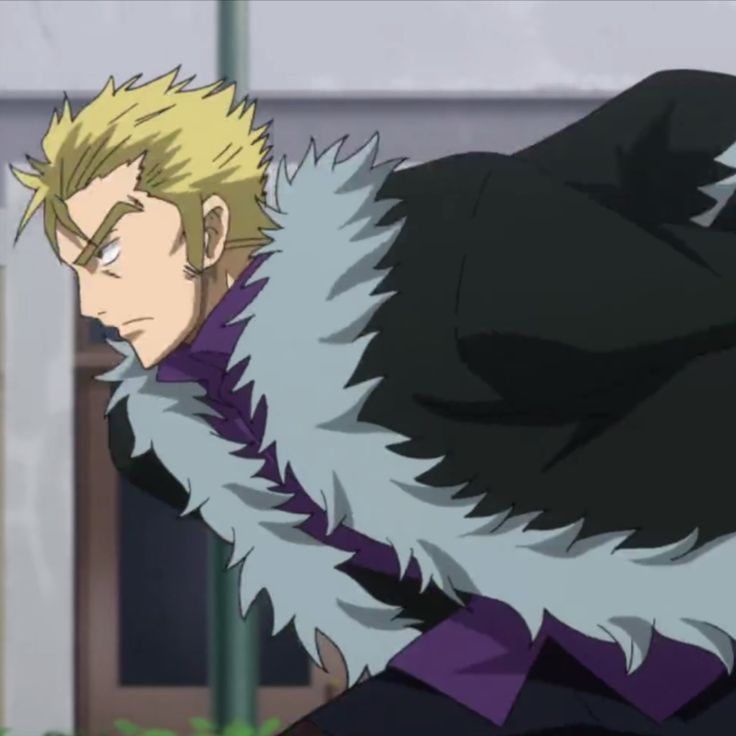 the image shows a male anime character with blond hair wearing a black coat with a fur collar and a purple shirt. he is looking to the side with a serious expression. he is likely a villain in the anime series.