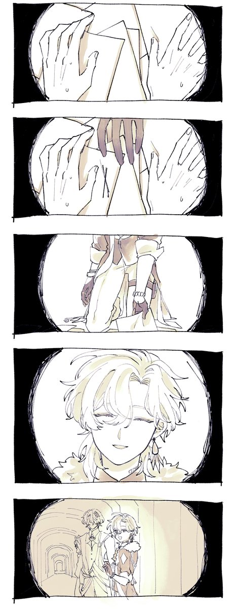 he image is a mangastyle illustration depicting a story unfolding through a series of vignettes.  the story seems to focus on a couple, their interactions, and the exchange of letters or notes.  the first two panels show a pair of hands exchanging something (possibly letters) from behind a figure obscured by the hands and objects in front of the viewer. the third panel focuses on a figure seeming to react or be revealed through an obscured vision. the final panel displays two smaller figures, possibly the same couple now in a different setting. the art style is soft, delicate, and uses a muted color palette to evoke a feeling of mystery and intimacy. the overall style suggests themes of romance, secrecy, and potentially a nostalgic or melancholic tone.