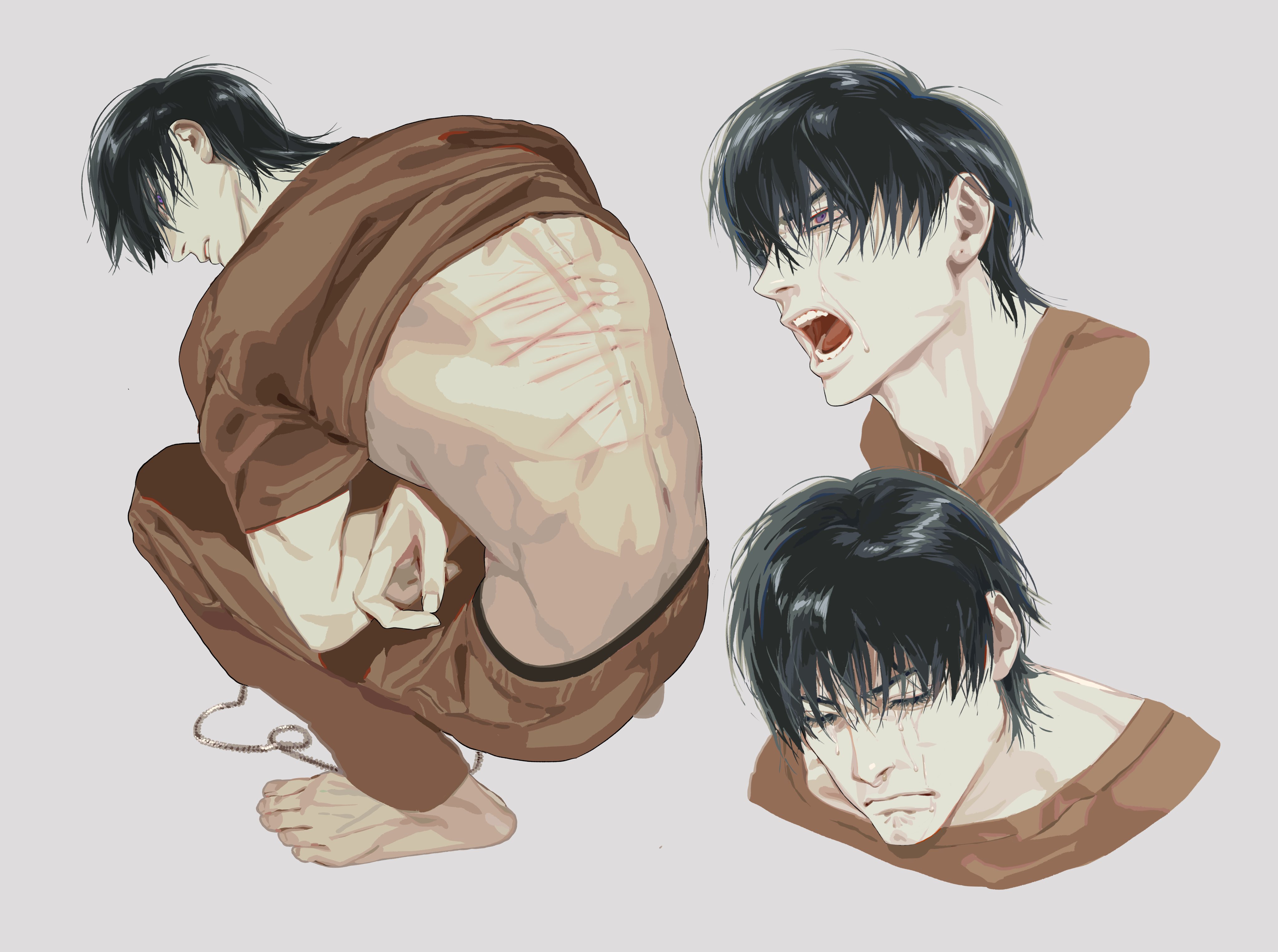 an illustration depicts a man in various states of emotional distress. the main image shows him squatting with numerous scars on his back, suggesting physical trauma. attached to his leg is a chain. in separate headshots, he's shown yelling in anguish and weeping with tears streaming down his face. he is dressed in brown clothing. the style is reminiscent of anime.