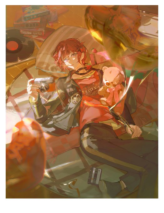 a redhaired anime boy is lying comfortably amidst a clutter of retro items, including cassette tapes, vinyl records, and gifts. he holds a vintage camera in one hand and a teddy bear rests beside him. the warm, golden lighting creates a cozy and nostalgic atmosphere.