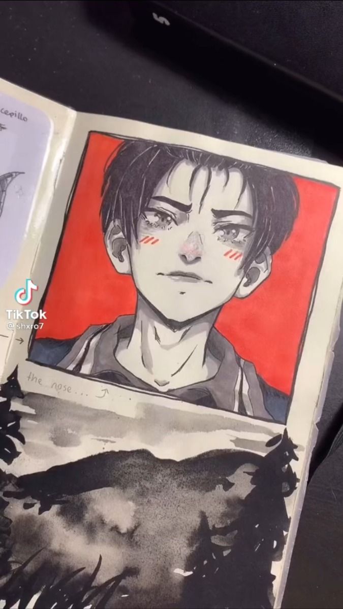 he image shows a closeup view of a sketchbook page featuring a stylized animestyle portrait of a young man. the drawing is done in black ink with watercolor washes, predominantly in black and white with a red background behind the character's face. the character has dark hair, expressive eyes, and a slightly blushed appearance.  the sketchbook page also shows a small landscape sketch below the portrait, mostly in shades of gray and black.  there's a tiktok watermark on the page and some handwritten text visible, seemingly indicating the artist's focus on the character's nose in the drawing. the overall style is expressive and detailed, highlighting both line work and shading techniques.