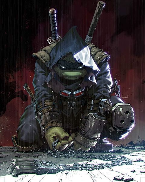 donatello, one of the teenage mutant ninja turtles, is in a dark and gritty setting.  he is shown wearing his typical purple mask and bandanna with a hooded cloak.  he is holding two katanas and a chain, ready to strike.  the image looks like a still from a comic book.