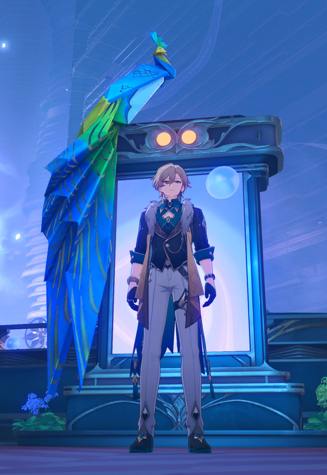 a video game character from genshin impact, scaramouche is standing in front of a blue and gold peacock statue. he is wearing white pants, black boots, a blue jacket, and a brown coat.