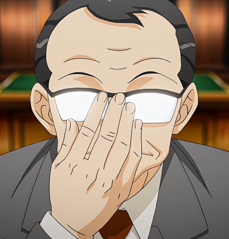 this is a closeup shot of an anime character, a man, who appears to be embarrassed or ashamed. he is covering his face with his hand, as if he is blushing or trying to hide his emotions. he is wearing glasses, a suit, and a tie. the background is a blurry image of a wooden table with a green surface. the character's expression is a mix of embarrassment and frustration.