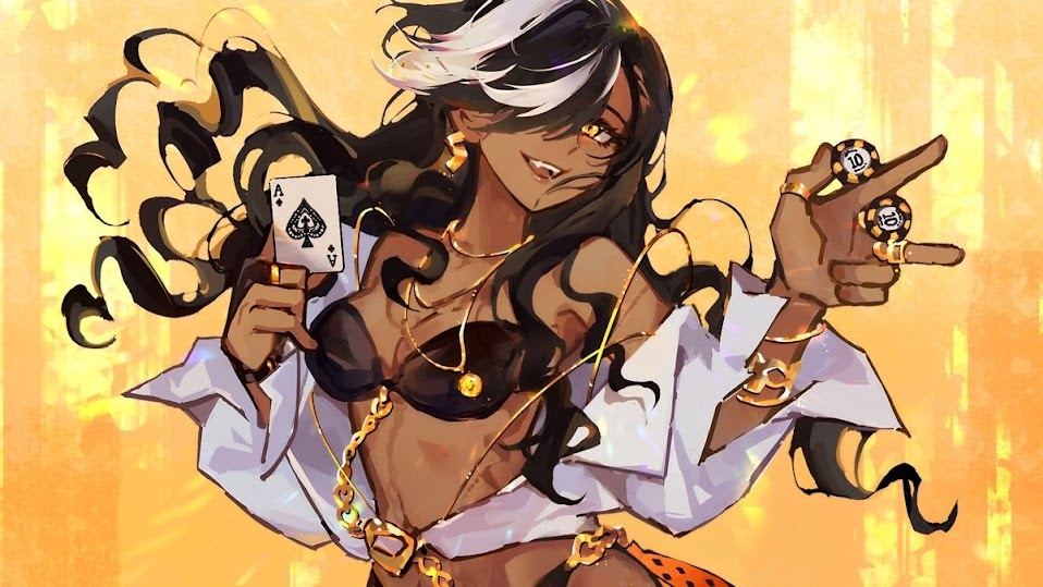 a woman with long black and white hair is smiling and holding an ace of spades card in her left hand. she is wearing a white shirt, black bra, gold jewelry, and a black and gold patterned skirt.  she is holding two gold poker chips in her right hand and smiling.  the background is a yellow and orange color.