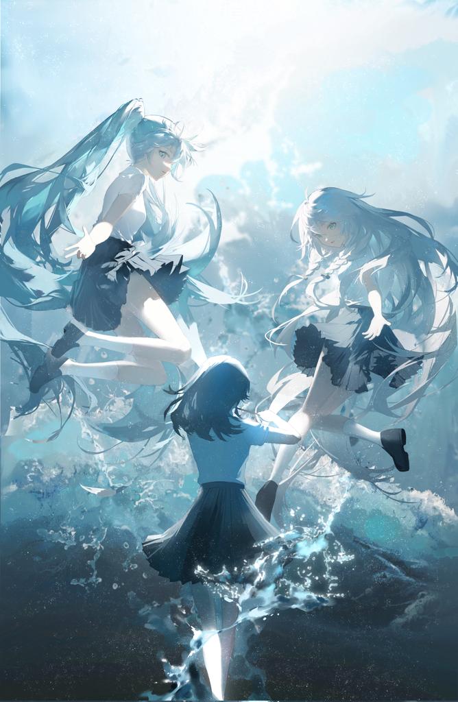 the artwork depicts three anime girls with long, flowing blue hair.  they appear to be underwater or surrounded by a substantial amount of water, with splashes and waves visible around them. two of the girls have a similar school uniformstyle outfit, while the third girl in the foreground wears a slightly different style of uniform. they seem to be interacting with each other, possibly holding hands or linked in some way. the overall style is painterly and ethereal, with soft light and a focus on the flowing movement of the hair and water. the color palette is primarily shades of blue, creating a calming yet melancholic atmosphere. the art style is heavily evocative of anime and digital painting techniques. the scene conveys a sense of mystery and emotion, possibly suggesting a narrative of sorrow or loss.