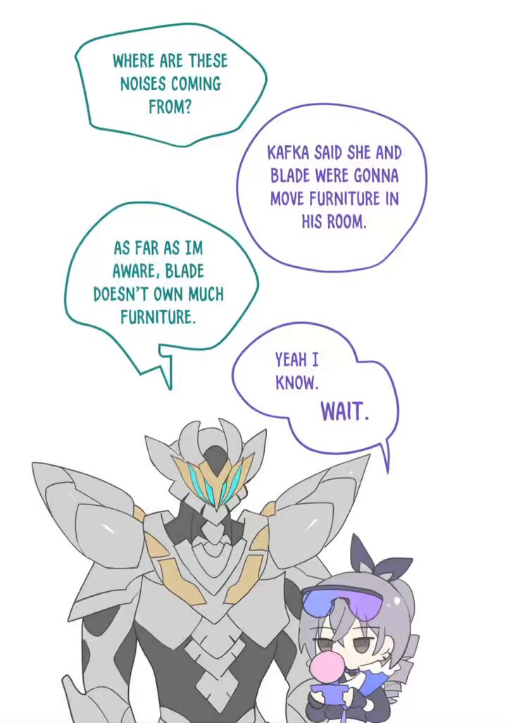 an illustration of two characters from a manga. the character on the left is a robot or mech with a helmet with a visor and a mouth. the character on the right is a girl with black hair with a white headband and a blue outfit. the two characters are talking to each other with a dialogue bubble above their heads.  the robot is saying "as far as i'm aware, blade doesn't own much furniture." while the girl is saying "yeah i know. wait." they are talking about a noise they are hearing.
