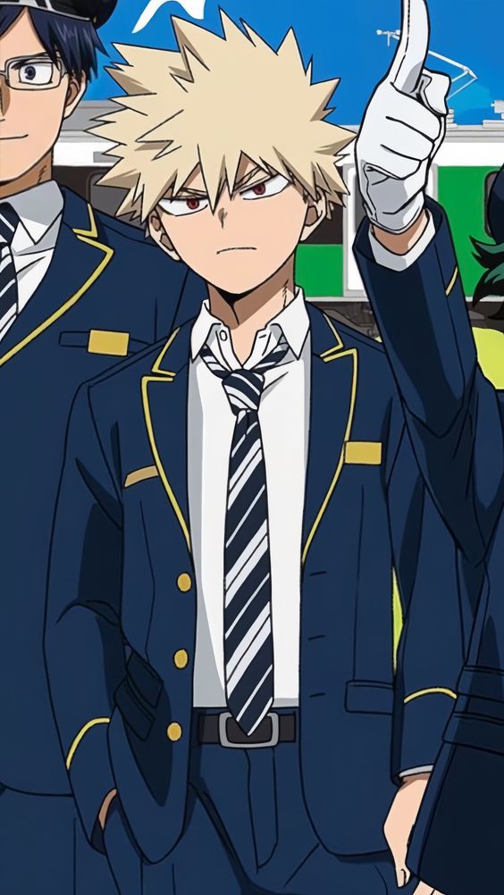 the image features an anime boy with blonde spiky hair, red eyes, and a serious expression. he is wearing a blue suit with a white shirt, a black and white striped tie, and a yellow trim. he is also wearing gloves and appears to be on a train. there is another person in the background wearing a similar blue suit.