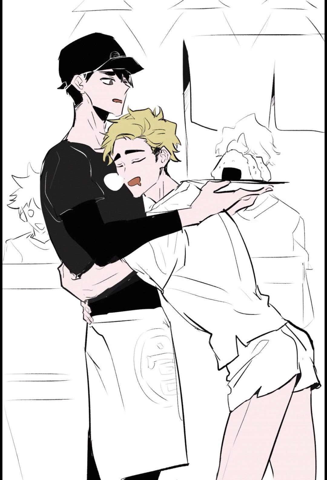 this is an illustration of two anime men. they are hugging each other and one of the men is holding a plate with food. the man with the plate has an apron on and the other man is in a white shirt. they appear to be a couple.