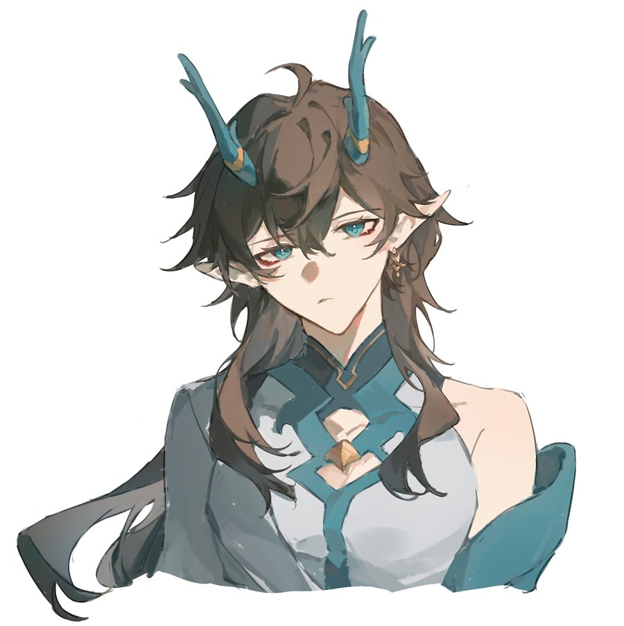 a digital illustration of a male anime character with long brown hair. he has blue horns and blue eyes, and he is wearing a blue and white outfit. the background is white.