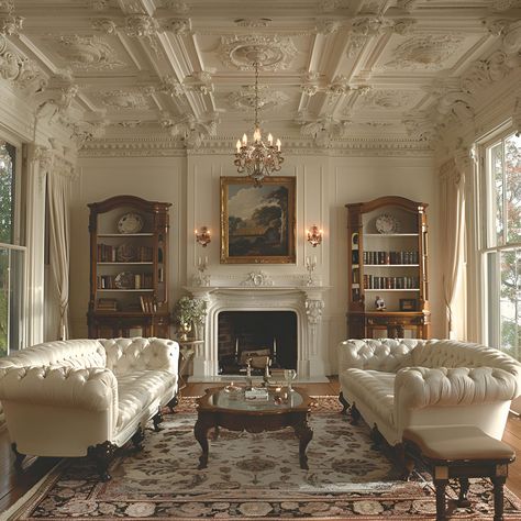 the image shows a lavishly decorated living room in a traditional style. it features two white tufted sofas facing each other, flanking a fireplace with an ornate mantelpiece. a large, ornate rug sits in the center of the room, underneath a round coffee table. the room is illuminated by a chandelier hanging from the elaborately decorated ceiling and matching wall sconces. two identical bookcases are placed on either side of the fireplace. the room has large windows with drapes, and a landscape painting hangs above the fireplace.