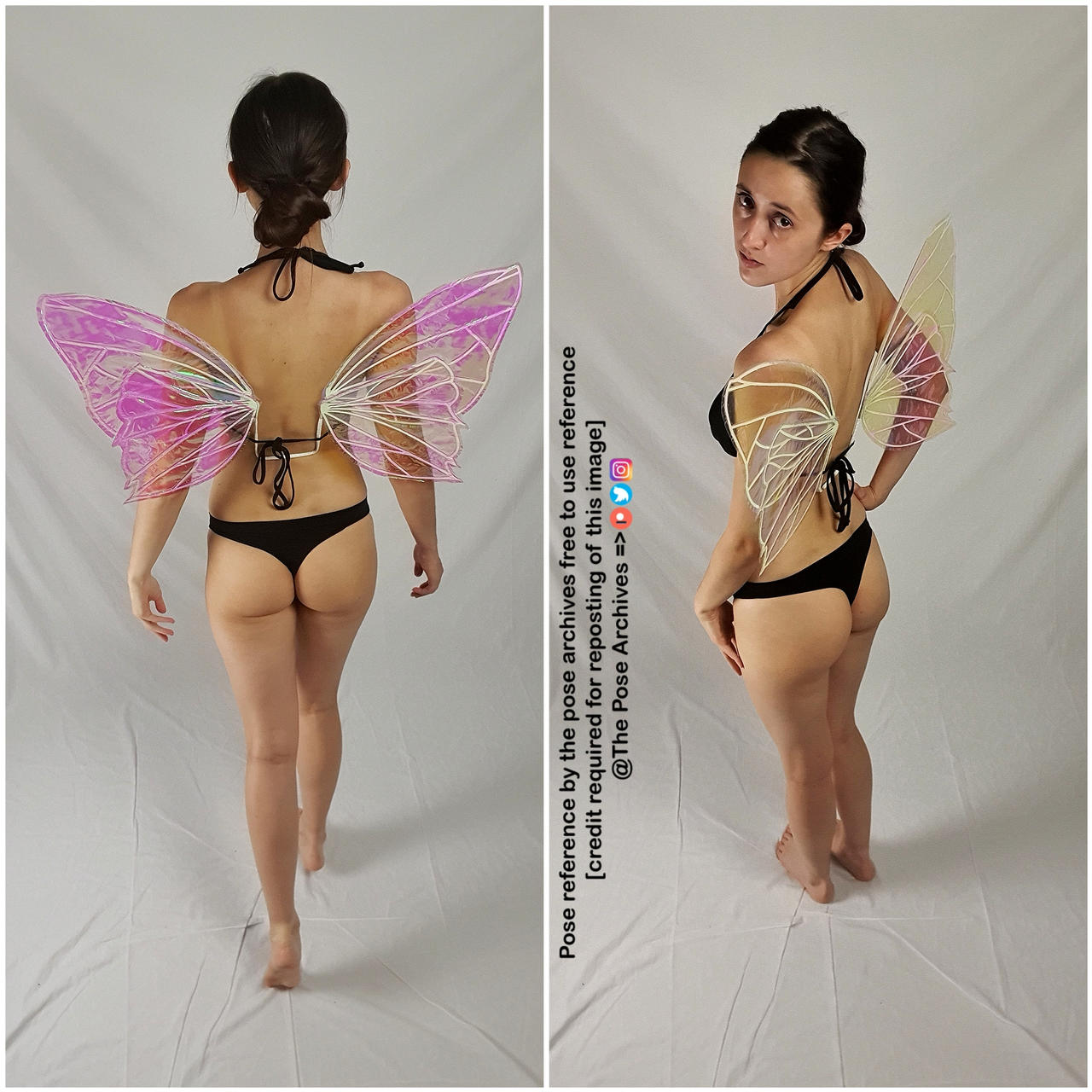 the image shows a young woman wearing iridescent fairy wings and a black bikini bottom.  it provides a front and back view of her pose, offering a clear reference for artists. the backdrop is a plain white studio setup. the lighting appears to be artificial and evenly distributed.