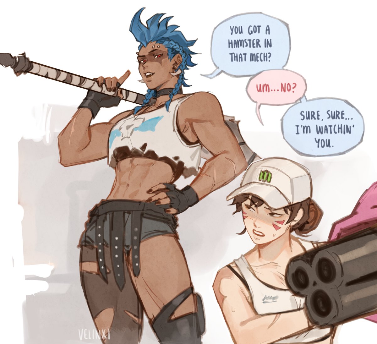 the image is a piece of fan art depicting two characters from the video game overwatch: junker queen and d.va. junker queen, a muscular woman with blue braided hair, is standing on the left holding a weapon. she is talking in a speech bubble that says "you got a hamster in that mech?". d.va, wearing a white cap, is on the right, holding a triplebarreled weapon. d.va is shown responding with "um...no?" and also later with "sure, sure... i'm watchin' you.". the artwork uses light, cartoonish coloring, and the characters show different expressions to convey humor in their interaction.
