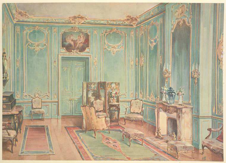 a rococo style interior room is depicted in a painting. the walls are teal with ornate gold detailing. the room contains various pieces of furniture including chairs, a fireplace, a rug, a screen, tables, and footstools. there is also a painting above a door and sconces on the walls. the overall style is ornate and luxurious.