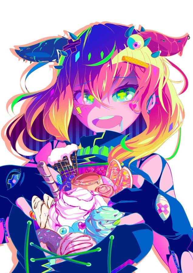 this is a digital art piece that depicts an anime girl with brightly colored hair and clothing, holding a large assortment of sweets and desserts in her arms. she is smiling and looks very happy. the image is full of vibrant colors, neon hues, and bold lines, creating a dynamic and eyecatching composition. the girl’s outfit includes accessories like a bandage on her head, a necklace, and gloves. there is a white background which accentuates the vibrancy of the image's colors and creates a strong contrast.  the overall style is playful and playful, reflecting a whimsical and imaginative aesthetic.