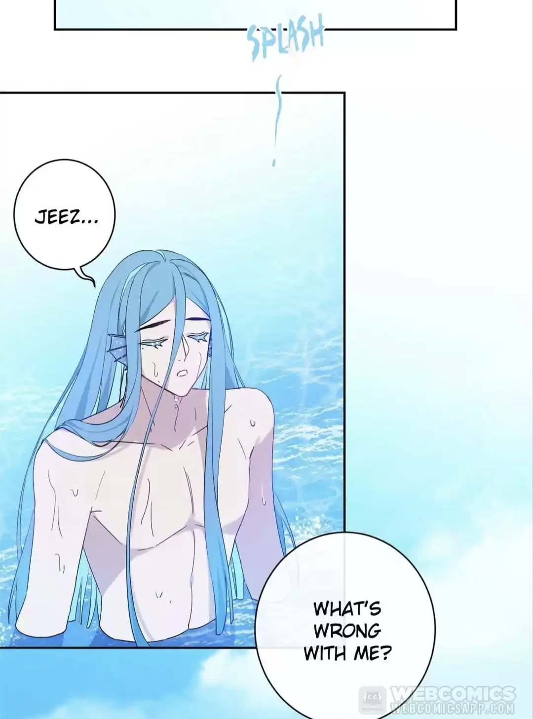 the image is a panel from a manga or anime comic. it depicts a merman with long, light blue hair, pale skin, and a bare chest. he is submerged in water, looking sad and worried. there are speech bubbles with the text "splash," "jeez...", and "what's wrong with me?". the overall color scheme is light blue and purple, creating a serene yet melancholic atmosphere. the art style is clean and expressive, conveying the merman's emotional state effectively.