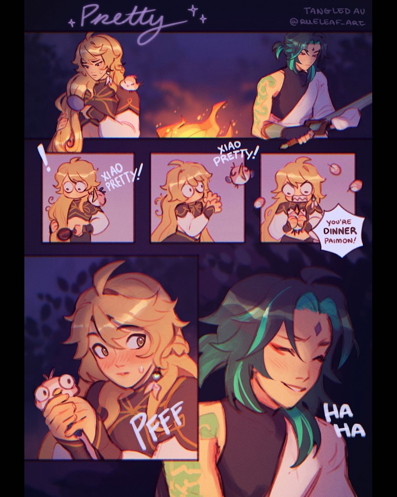 the image is a digital fanart comic strip featuring characters from the game genshin impact. it depicts a humorous interaction between xiao and aether (or potentially lumine, though aether is more likely). the comic begins with aether grooming his hair, then xiao teases him multiple times, calling him "pretty."  the comic culminates in xiao seemingly preparing paimon for dinner, much to aether's amused horror.  the art style is bright, cute, and uses a chibilike representation of the characters, enhancing the comic's humorous nature.  the background suggests an outdoor setting around a campfire.