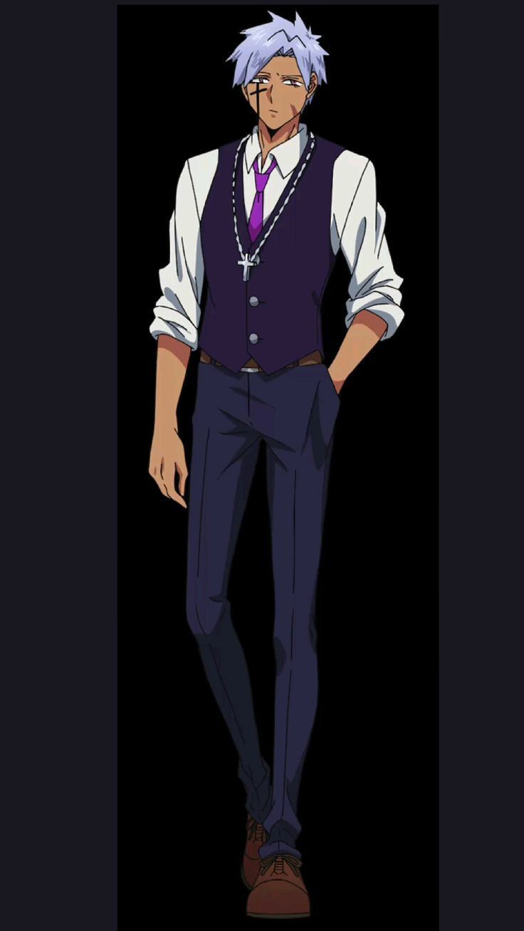 an anime male character standing in a dark background. he is wearing a white shirt with a black vest and purple tie, brown pants and shoes. he has white hair and purple eyes. he has a black chain around his neck with a cross pendant. he is looking down.
