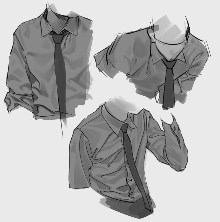 the image shows three grayscale sketches of a person's torso, each wearing a buttonup shirt and tie. the focus is on the clothing folds and how the fabric drapes on the body in different positions. no heads or hands are fully visible, emphasizing the clothing study aspect.