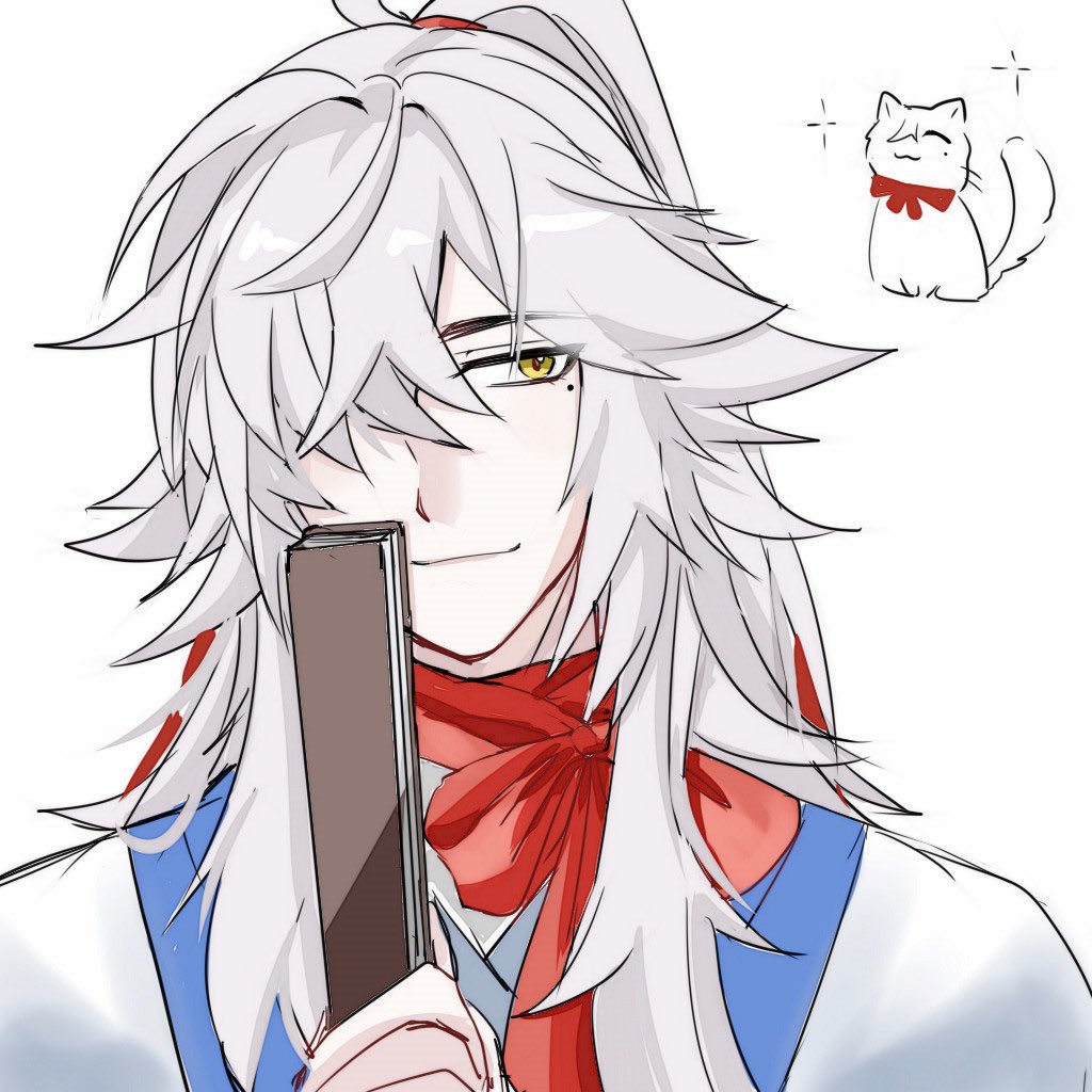 the image is an anime drawing of a young man with white hair, wearing a red scarf. he is smiling and holding a book in his right hand. there is a white cat with a red ribbon on its neck in the top right corner of the image. the young man appears to be thinking about the cat, and the background is white.
