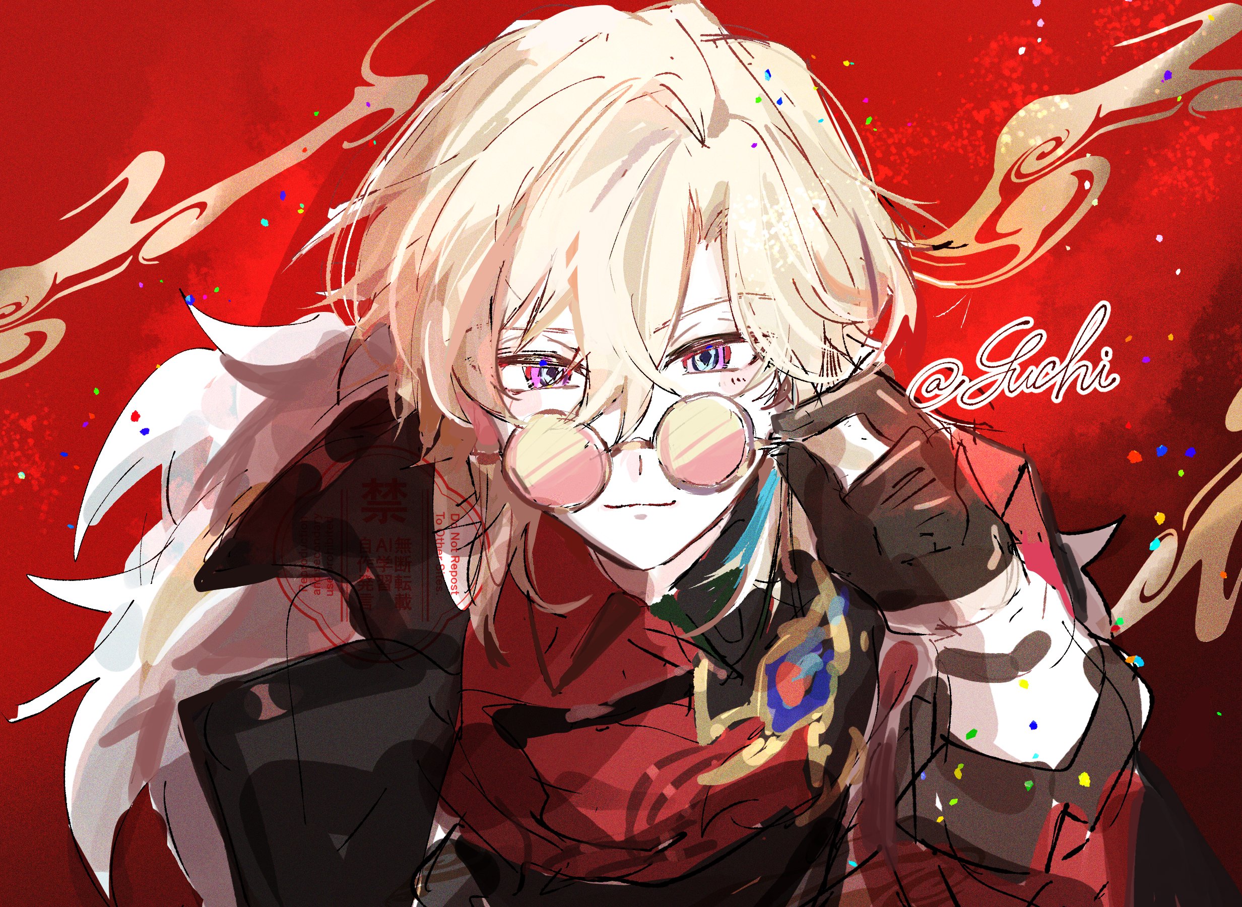 the image is a piece of vibrant fanart depicting scaramouche from genshin impact. he's portrayed in a stylized, almost painterly manner, with a focus on expressive brushstrokes and color blending.  scaramouche is the focal point, occupying most of the frame. his blond hair is styled somewhat dramatically, framing his face. he wears a striking red and darktoned outfit with intricate details, and round, pinktinted glasses.  his purple eyes are captivating, conveying a subtle smirk or playful expression. the background is a deep red, accented with swirling designs and colorful confetti, suggesting a celebratory or festive atmosphere. the artist's signature or watermark, "@suchi," is visible in the upper right.  the overall style is heavily influenced by anime and manga aesthetics, yet with a unique artistic touch adding depth and texture to the character's appearance and the background scene.