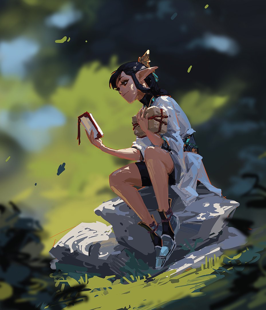 the digital painting showcases a female elf, characterized by her pointed ears and dark hair adorned with a small, ornate headpiece. she's dressed in a loose, flowing white garment with hints of teal embellishments.  she sits perched on a grey rock, immersed in the dappled sunlight of a forest setting. in her hands, she holds a small, open book and a wrapped package, possibly a gift. the artistic style is loose and expressive, utilizing visible brushstrokes to convey a sense of movement and light. the overall mood is serene and peaceful, suggesting a quiet moment of contemplation in a natural environment.  the color palette is soft and natural, emphasizing greens and earth tones.