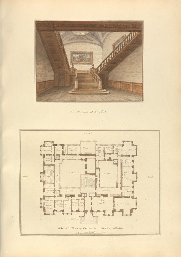 the image shows two architectural drawings. the top drawing is of the interior of longleat house, specifically the staircase. the view is looking up the staircase towards a painting on the wall and the vaulted ceiling. the staircase has ornate woodwork. the bottom drawing is a floor plan of longleat house. the floor plan is labeled with the names of the different rooms. the plan shows the layout of the house and the relationships between the different rooms.