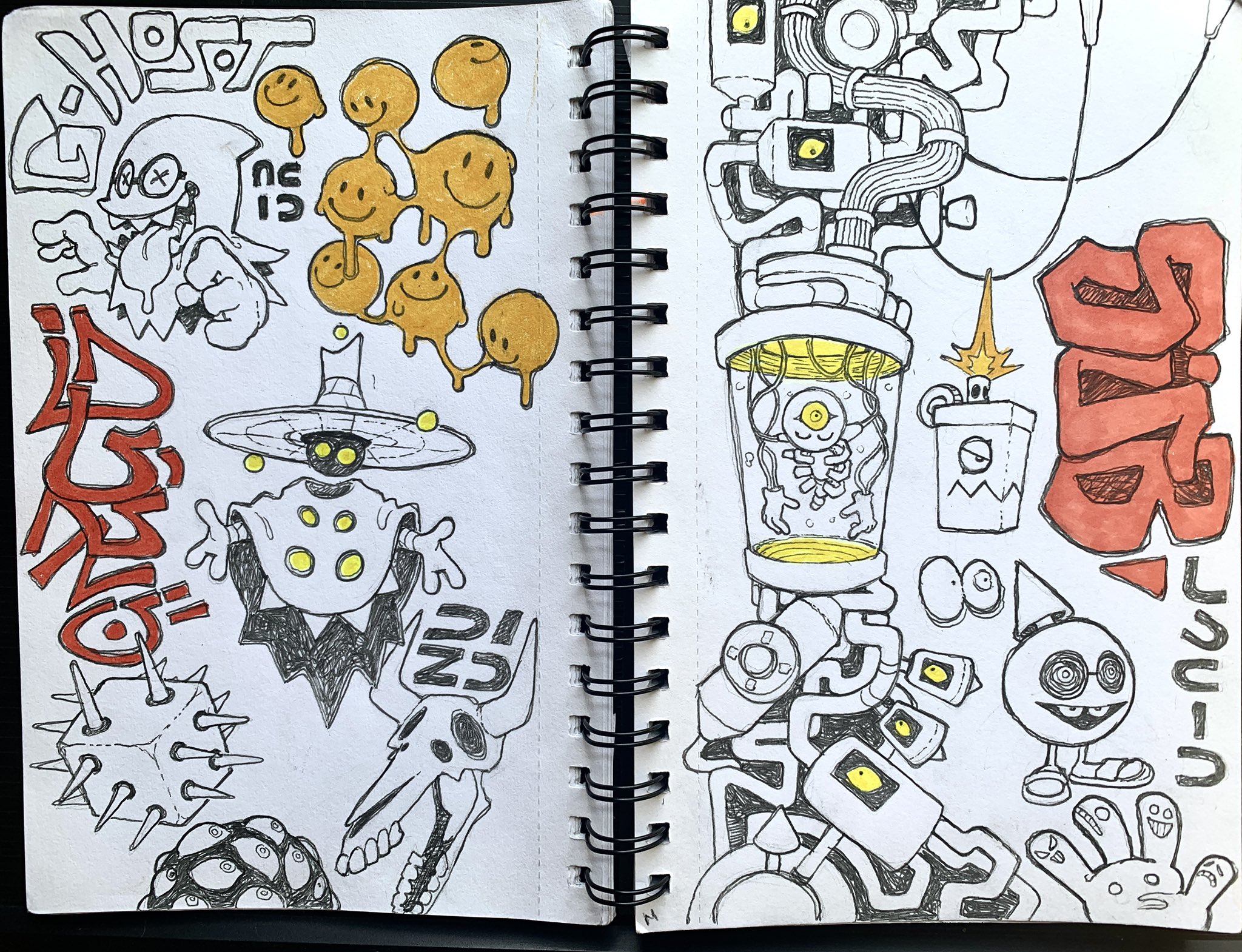 this is a sketchbook spread featuring a collection of black, white, and orange doodles depicting playful and spooky ghost characters. the vibrant sketches take inspiration from video games with stylistic elements reminiscent of nintendo's aesthetic.  the artist fills the pages with whimsical monsters, abstract patterns, and lettering, creating a dynamic and visually engaging composition.