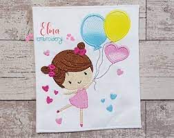 this is an embroidered design of a cute girl holding three balloons. the girl is wearing a pink dress and is smiling.  the balloons are yellow, blue and pink. the embroidery is done on white fabric and the design is surrounded by a border of pink hearts. the design is titled "elina embroidery" and is a handmade craft.