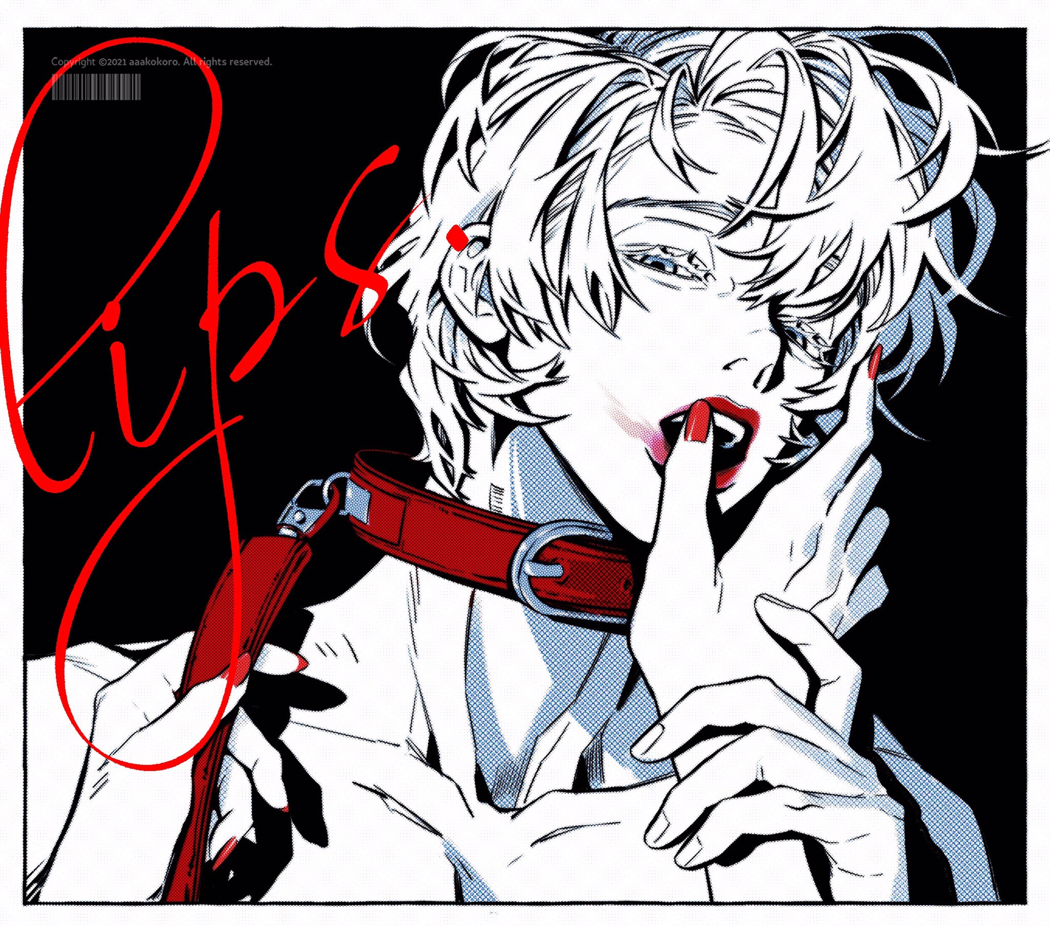 the illustration features a closeup portrait of a young, androgynous person with styled white hair and sharp, stylized features. they are depicted against a stark black background, further emphasized by the highcontrast, monochrome style. the person is wearing a red collar and matching red lipstick, which is smudged suggestively on their finger. the use of red against the black and white creates a striking visual impact and draws attention to the sensual undertones of the piece. the person's gaze is directed slightly downward, and their finger pressed against their lips adds an element of mystery and allure.
