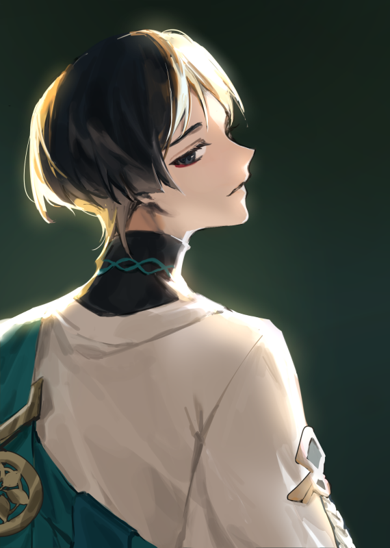 a side profile of an anime boy with black and white hair wearing a white shirt with a green accent on the shoulder. the boy has a serious expression as he looks away from the viewer. the light is coming from behind the boy and is shining brightly on his hair, creating a halo effect.