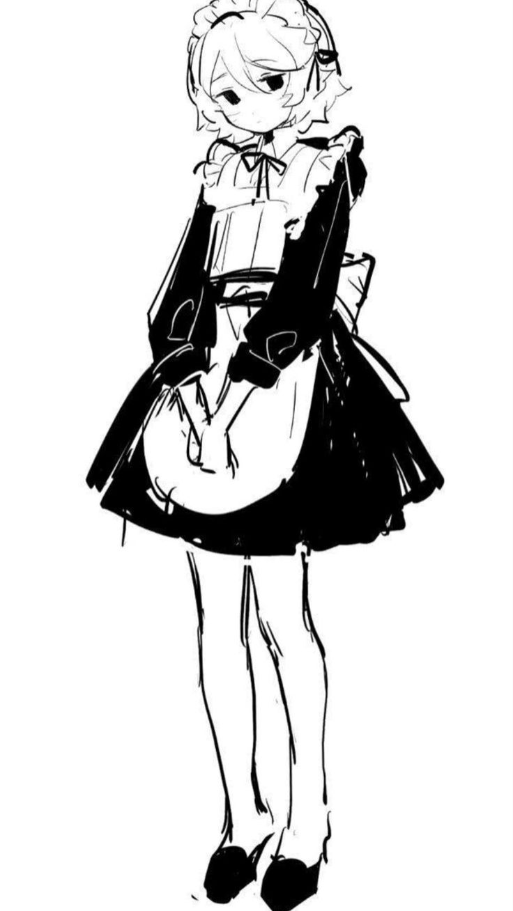 a sketch of an anime maid girl, with short black skirt and black and white shoes, standing. the girl is looking down with her hands clasped in front of her.