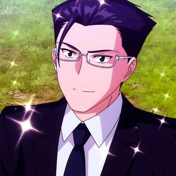 the image shows the chest up of an anime man wearing a suit. the man has dark hair and is wearing glasses. he is wellgroomed and has a slight smile on his face. the background of the image is of green grass, and the lighting is bright and cheerful. the sparkles around the man suggest he is wellliked and/or admired.
