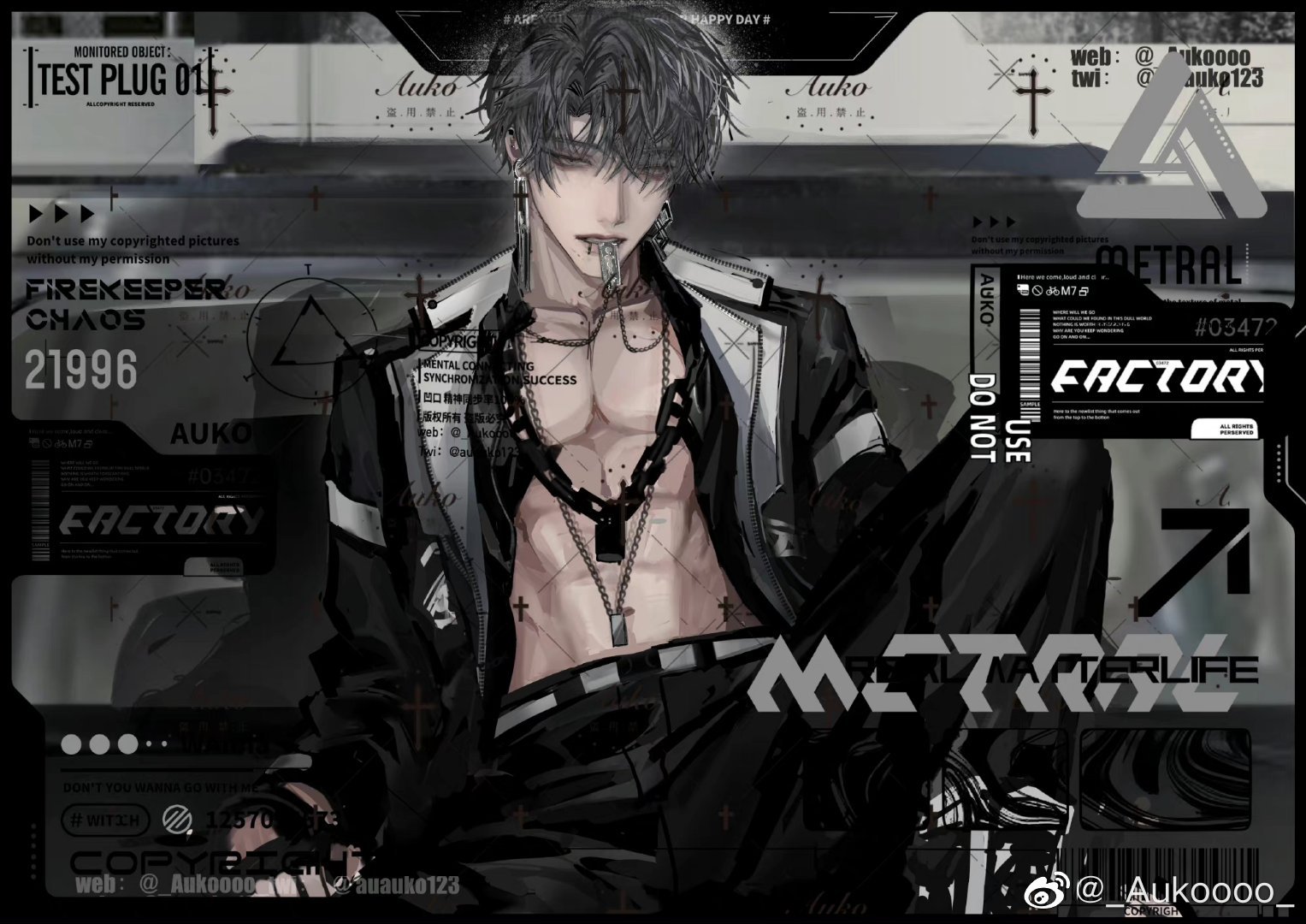 this is a digital artwork of a handsome animestyle man with black hair and piercing blue eyes. he is depicted in a black and white style, wearing a black jacket, pants, and silver chains, and exudes a cyberpunk vibe. the overall style leans towards a modern, edgy, and cool aesthetic.  the backdrop is a dark grey with superimposed text and graphics in white and light grey that resemble technical specifications, digital timestamps, and other data overlays.