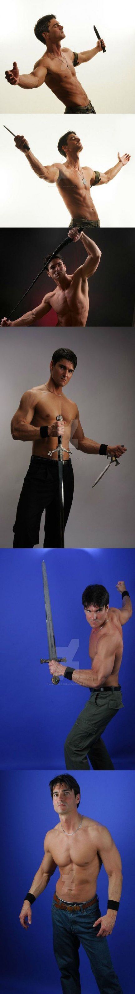 this image is a collage of several men in various poses. they are all shirtless and muscular, some with weapons. they appear to be in a fighting stance, ready for battle. they are all very athletic and wellbuilt. the image conveys a sense of power and strength.