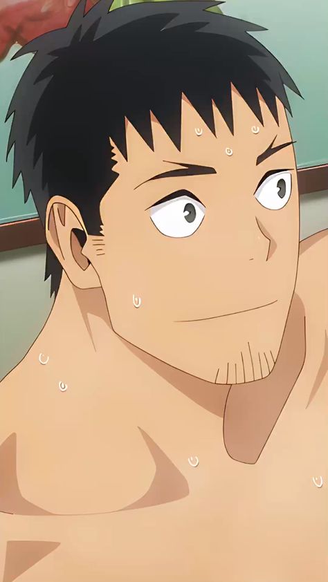 a closeup illustration of an anime man with short dark hair and a goatee. he is sweating and appears to be surprised or caught off guard. the setting is likely indoors given the soft lighting.