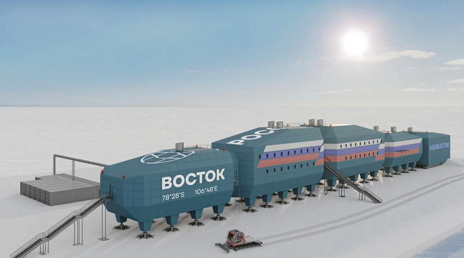 this is an artist's rendering of russia's new vostok research station in antarctica. this new station is designed to replace the existing station which is rapidly degrading due to the effects of climate change. the new station will be raised above the ground and will have a more modern design to help it withstand the harsh conditions of the antarctic.