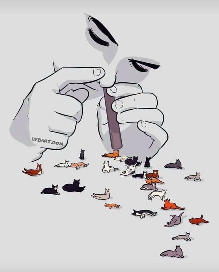 a stylized drawing depicts a face with hands holding a cigarette. instead of smoke, numerous cats are emanating from the cigarette. the image likely represents addiction and its effects, using cats as a metaphor for the habit or its consequences.